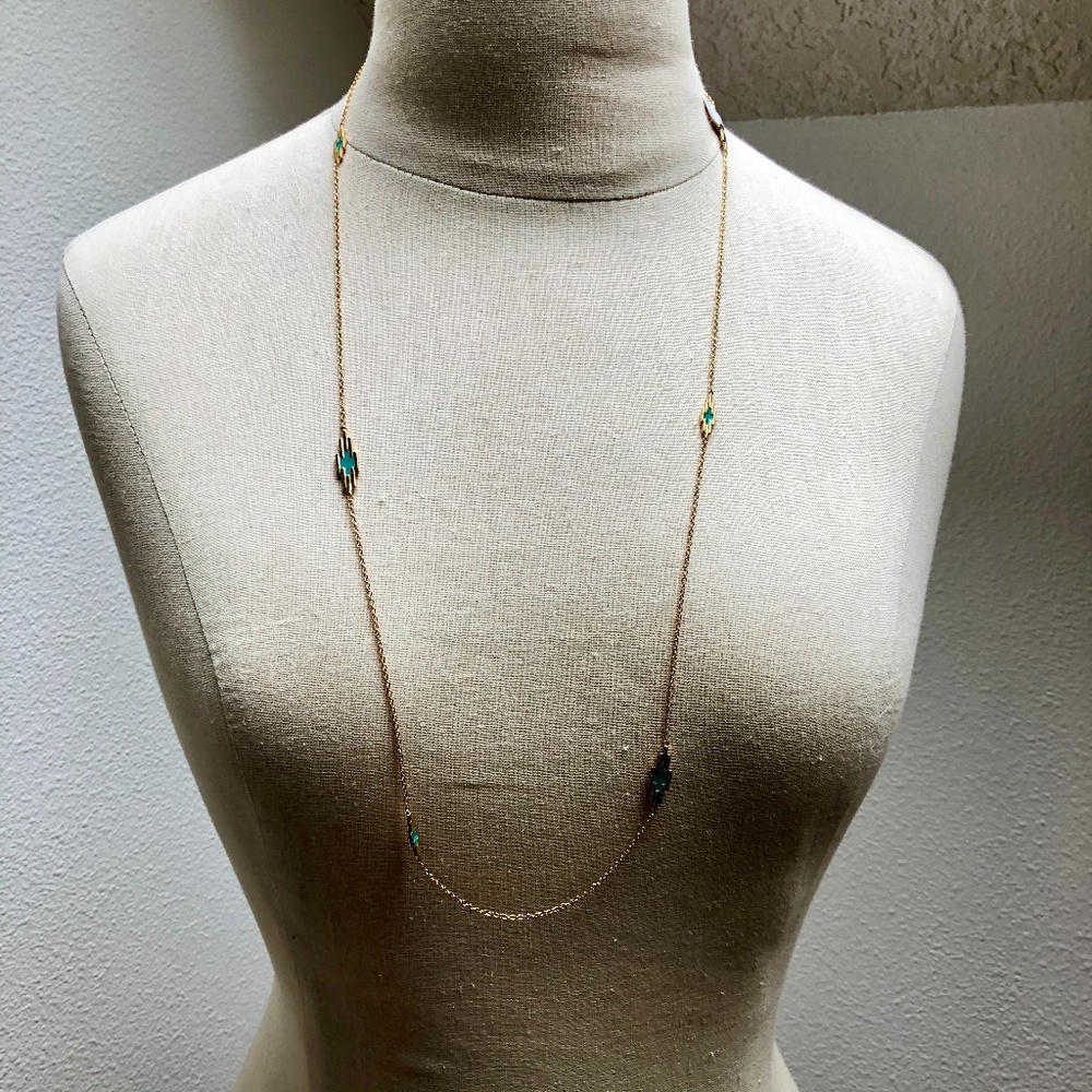 Brand New Long Teal and Gold Necklace